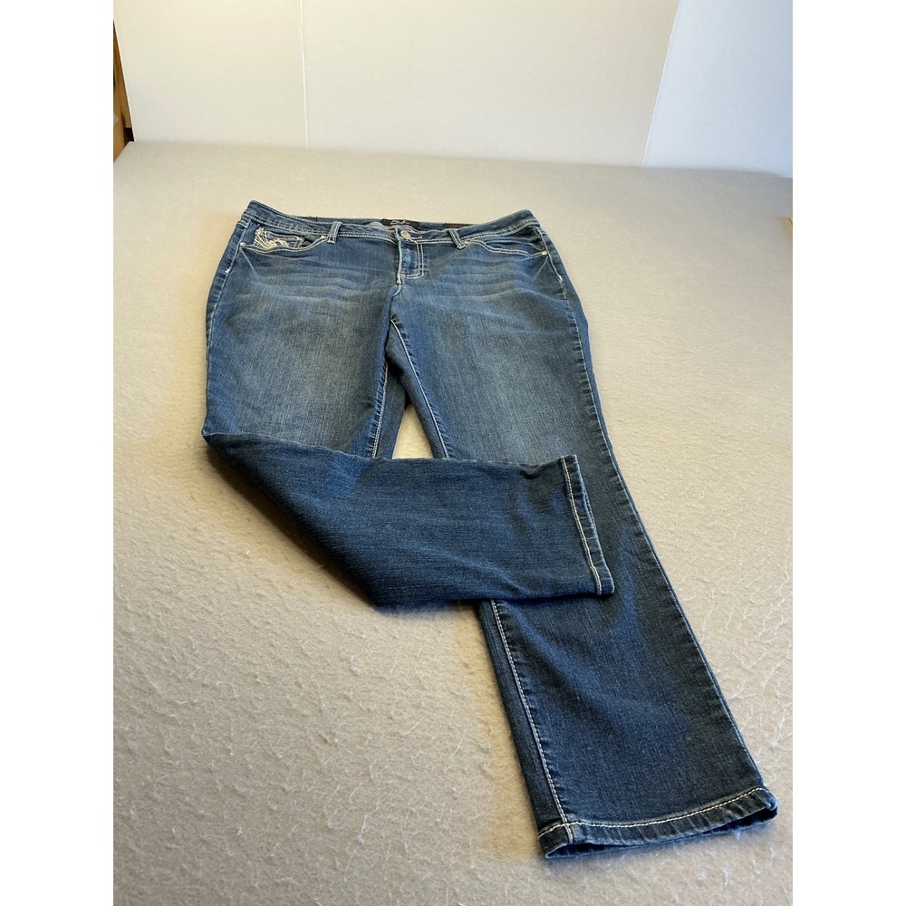 Earl Jean Y2K Straight Leg Jeans Rhinestone Embroidered Pockets Blue Denim Sz 14